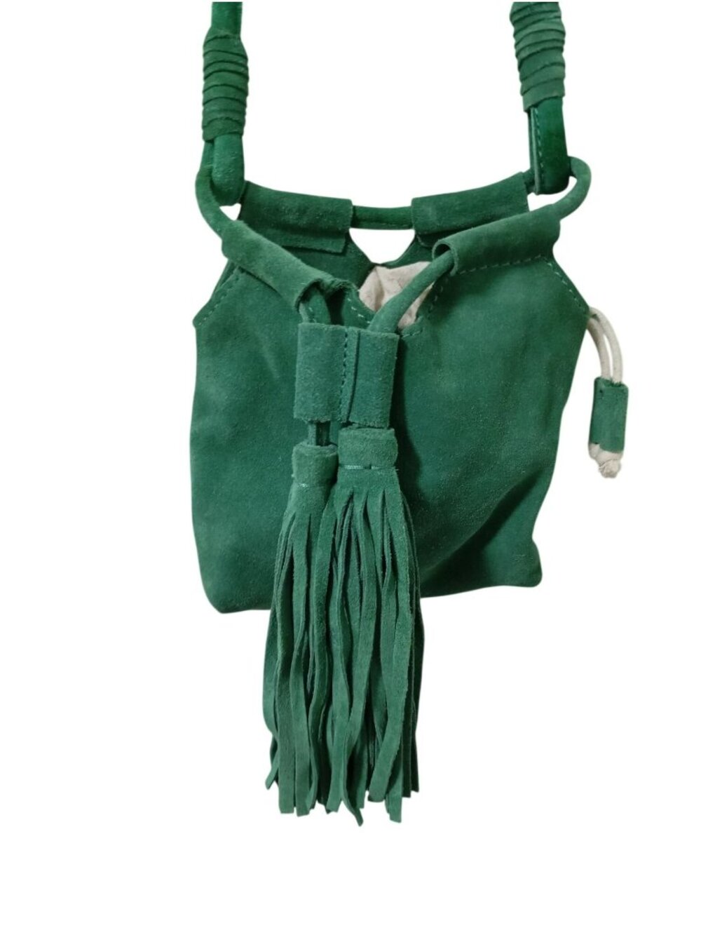 Zara Trafaluc Green Suede Fringe Crossbody Bag Cotton-Linen Drawstring Lining - Picture 4 of 11